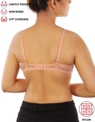 LOSHA LIGHTLY PADDED WIRE-FREE 3/4TH COVERAGE ALL OVER LACE BRA- SALMON