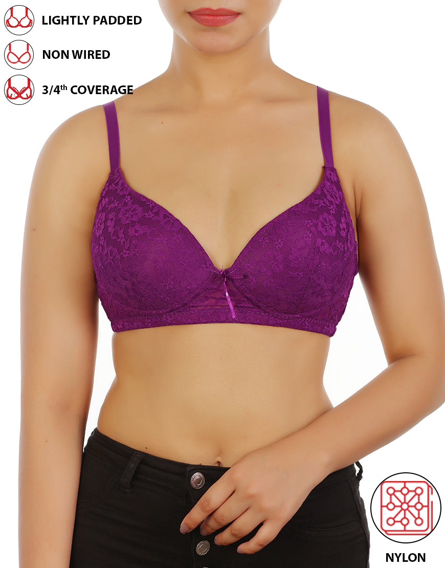 LOSHA LIGHTLY PADDED WIRE-FREE 3/4TH COVERAGE ALL OVER LACE BRA- GRAPE JUICE