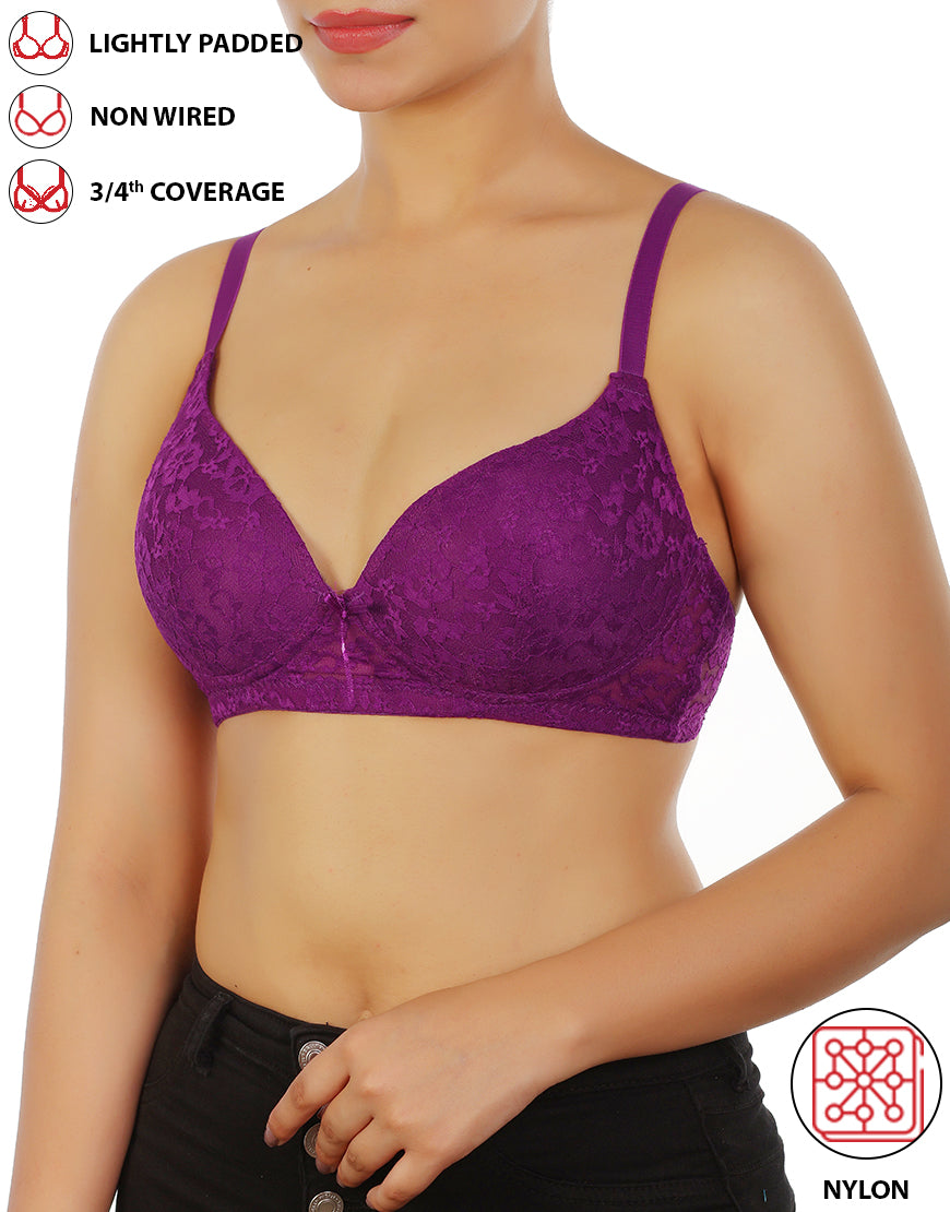 LOSHA LIGHTLY PADDED WIRE-FREE 3/4TH COVERAGE ALL OVER LACE BRA- GRAPE JUICE