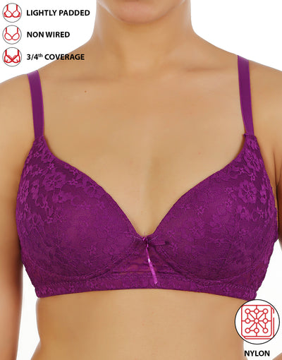 LOSHA LIGHTLY PADDED WIRE-FREE 3/4TH COVERAGE ALL OVER LACE BRA- GRAPE JUICE