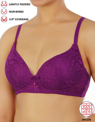 LOSHA LIGHTLY PADDED WIRE-FREE 3/4TH COVERAGE ALL OVER LACE BRA- GRAPE JUICE