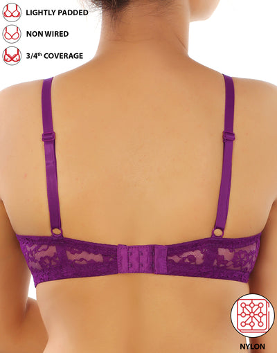 LOSHA LIGHTLY PADDED WIRE-FREE 3/4TH COVERAGE ALL OVER LACE BRA- GRAPE JUICE