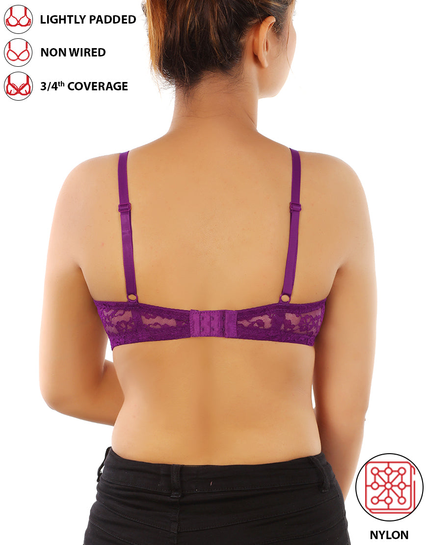 LOSHA LIGHTLY PADDED WIRE-FREE 3/4TH COVERAGE ALL OVER LACE BRA- GRAPE JUICE