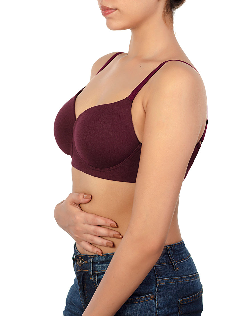 LOSHA SIDE SMOOTHING BIO WASHED ANTI BACTERIAL COTTON WIRELESS T-SHIRT BRA-MAROON