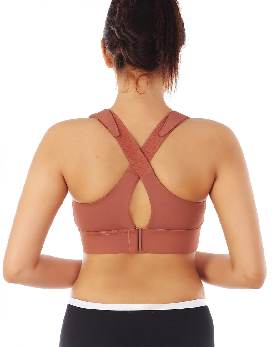 LOSHA PREMIUM QUALITY FRONT CLOSURE PADDED HIGH IMPACT SPORTS BRA WITH ADJUSTABLE WAIST BAND-RUST