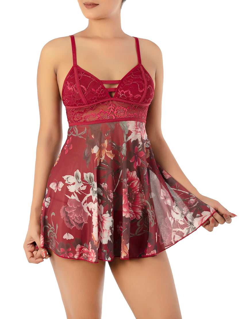 PRINTED LACE & MESH BABYDOLL WITH G-STRING/RUMBA RED