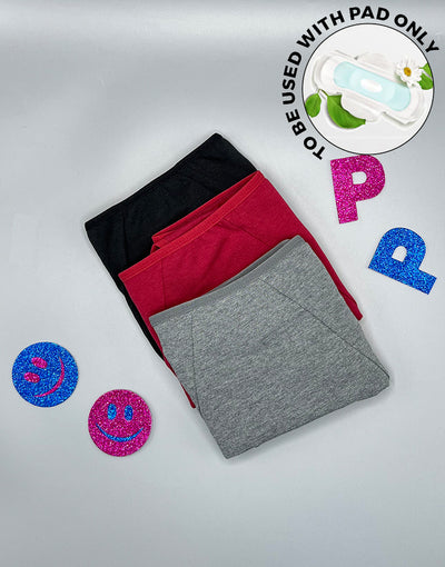 PACK OF 3 LOSHA COTTON LOW WAIST TRIPLE LAYERED PERIOD PANTY WITH HIDDEN ELASTIC-ASSORTED