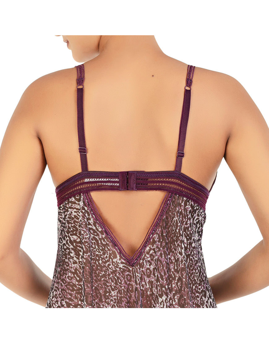 LEOPARD PRINT MESH BABYDOLL WITH G-STRING-BLACKBERRY WINE