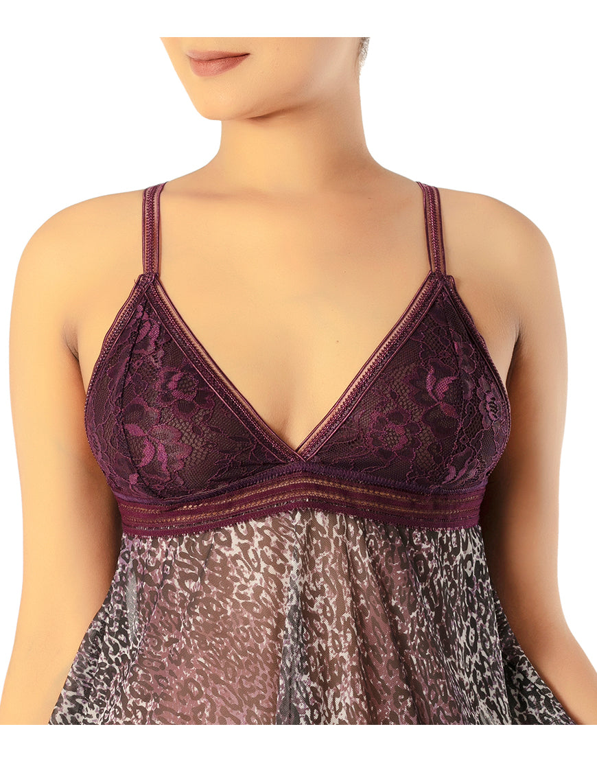 LEOPARD PRINT MESH BABYDOLL WITH G-STRING-BLACKBERRY WINE