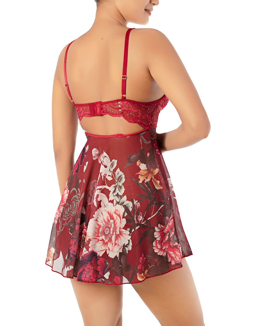 PRINTED LACE & MESH BABYDOLL WITH G-STRING/RUMBA RED