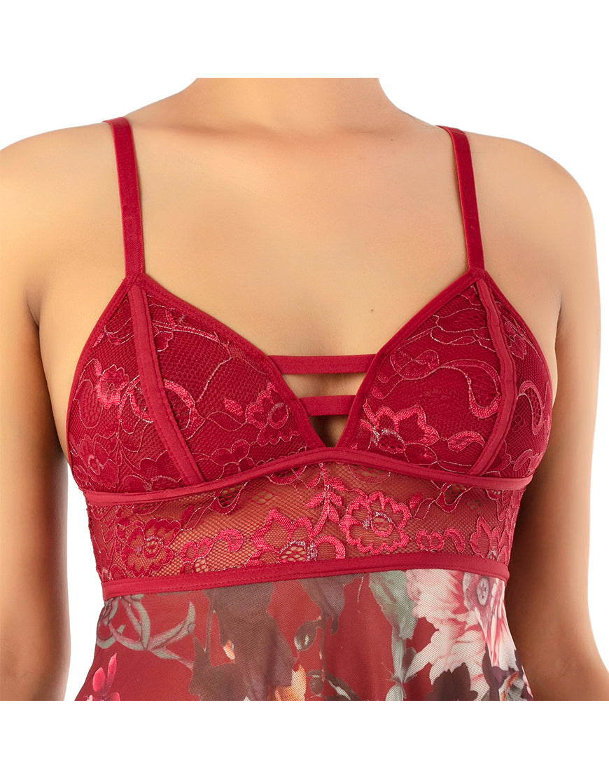 PRINTED LACE & MESH BABYDOLL WITH G-STRING/RUMBA RED