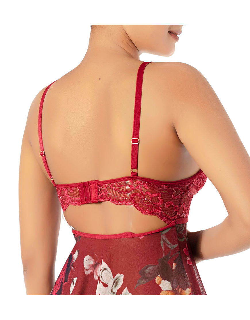 PRINTED LACE & MESH BABYDOLL WITH G-STRING/RUMBA RED