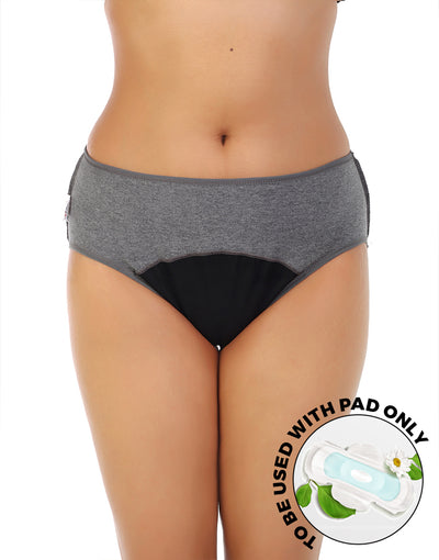 LOSHA COTTON LOW WAIST TRIPLE LAYERED PERIOD PANTY WITH HIDDEN ELASTIC-GREY