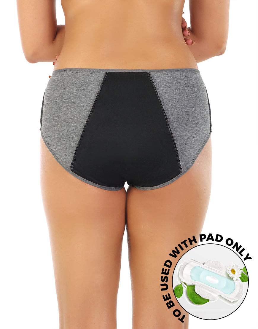 LOSHA COTTON LOW WAIST TRIPLE LAYERED PERIOD PANTY WITH HIDDEN ELASTIC-GREY