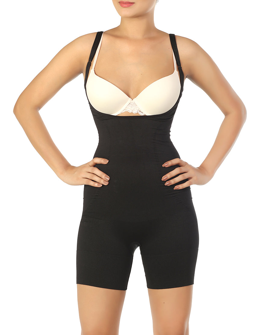 FIRM CONTROL FULL BODY SUIT WITH RUCHING-BLACK