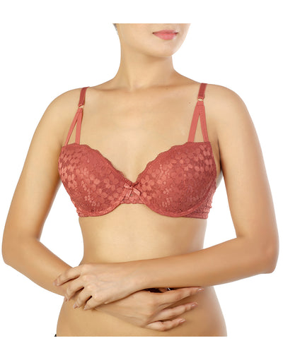 PACK OF 2 WIRED CAGE STYLE ALL OVER LACE PUSH-UP BRAS-DUSTY CEDAR