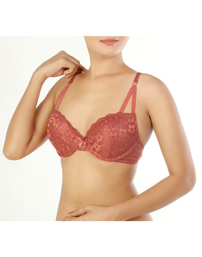 PACK OF 2 WIRED CAGE STYLE ALL OVER LACE PUSH-UP BRAS-DUSTY CEDAR