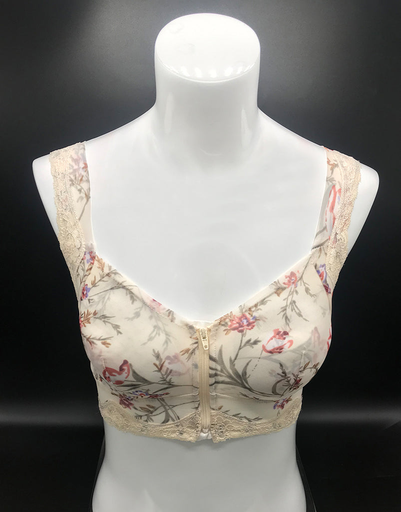 FLORAL PRINT FRONT ZIPPER POST SURGICAL BRA WITH POCKETS – Losha