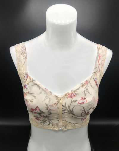 FLORAL PRINT FRONT ZIPPER POST SURGICAL BRA WITH POCKETS