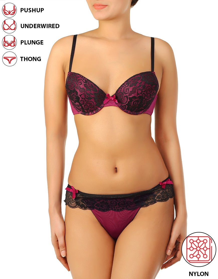 Lace & Microfibre Bra With Skirted Thong-Burgundy/Black
