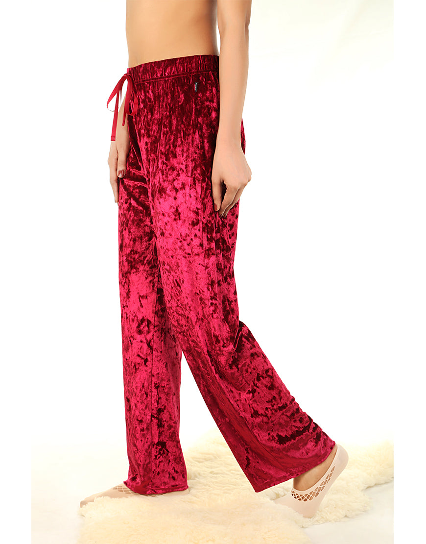 TAHARI CRUSHED VELVET WIDE LEG PAJAMA PANTS-BURGUNDY