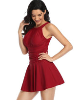 SWIM DRESS WITH TUMMY CONTROL & REMOVABLE PADS - DARK RED