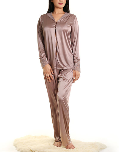 LOSHA STRETCH POLYESTER FRONT OPEN TOP AND PJ SET-BABY PINK-MAUVE ECHO