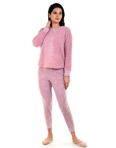 SWEATSHIRT AND VELOUR CROPPED JOGGER PACKAGED PAJAMA SET-LILAC