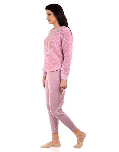 SWEATSHIRT AND VELOUR CROPPED JOGGER PACKAGED PAJAMA SET-LILAC
