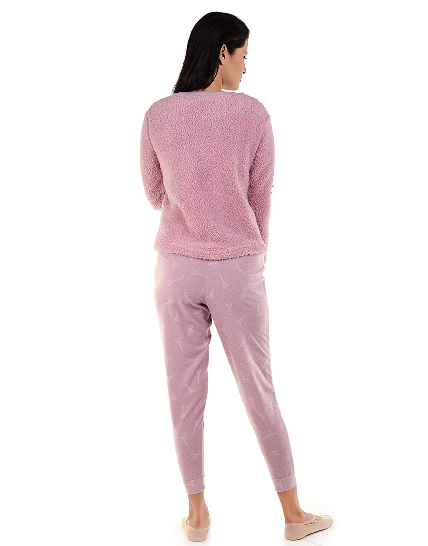 SWEATSHIRT AND VELOUR CROPPED JOGGER PACKAGED PAJAMA SET-LILAC