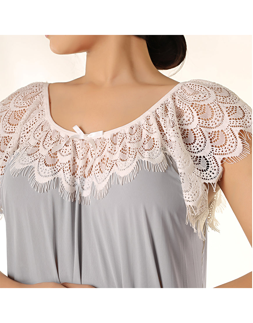 LONG NIGHTY WITH CONTRAST LACE NECKLINE AND DROP SHOULDERS-LIGHT GREY