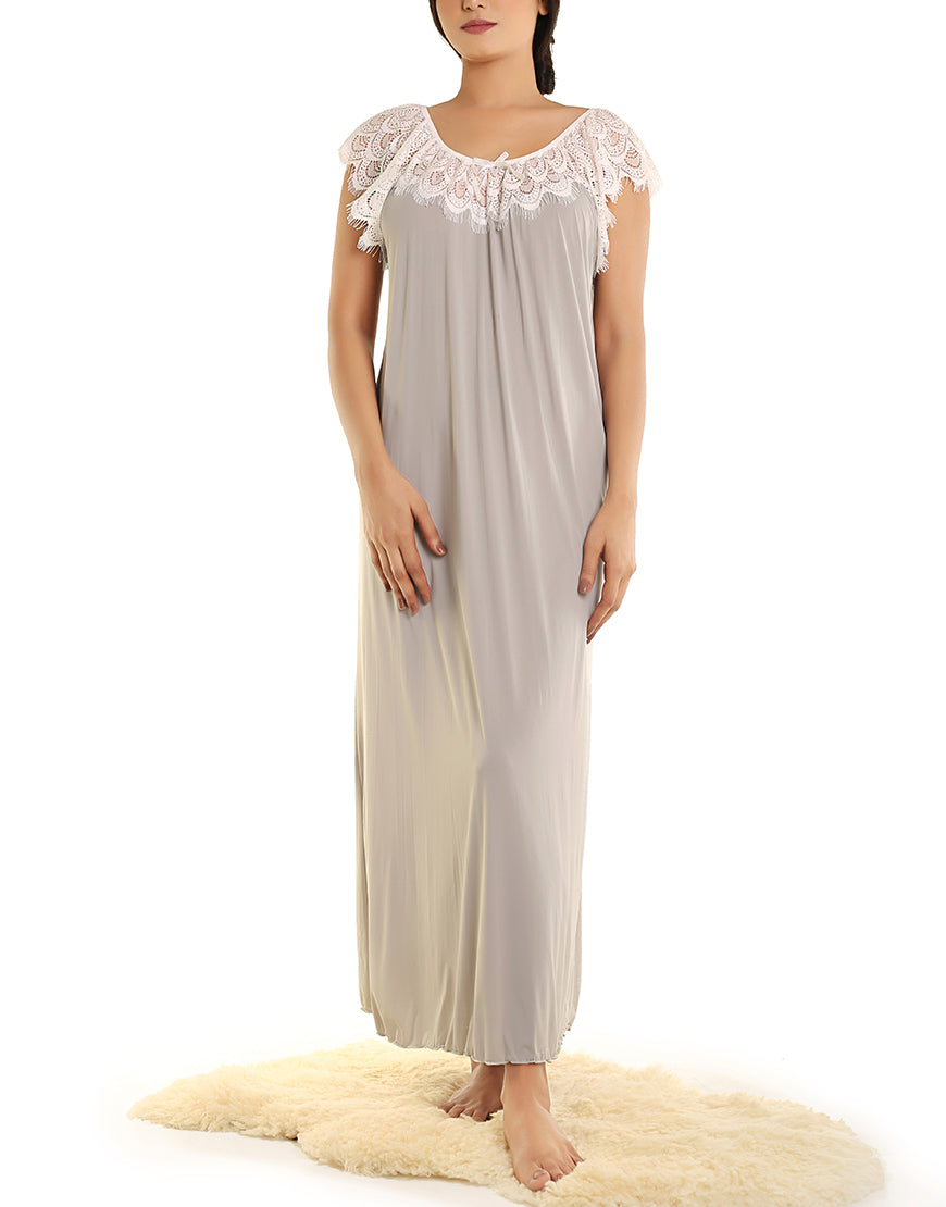 LOSHA LONG NIGHTY WITH CONTRAST LACE NECKLINE AND DROP SHOULDERS-DUSTY GREY