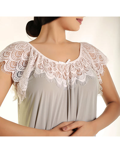 LOSHA LONG NIGHTY WITH CONTRAST LACE NECKLINE AND DROP SHOULDERS-DUSTY GREY