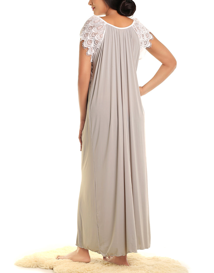 LOSHA LONG NIGHTY WITH CONTRAST LACE NECKLINE AND DROP SHOULDERS-DUSTY GREY