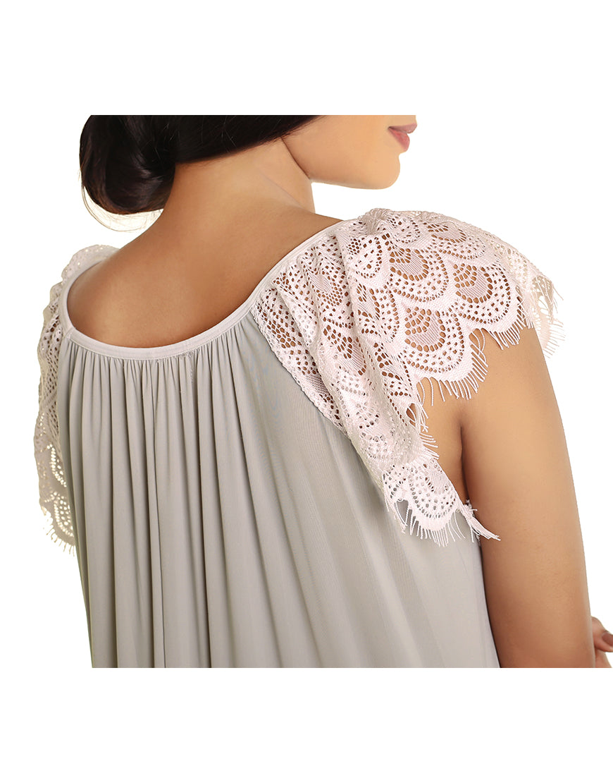 LOSHA LONG NIGHTY WITH CONTRAST LACE NECKLINE AND DROP SHOULDERS-DUSTY GREY