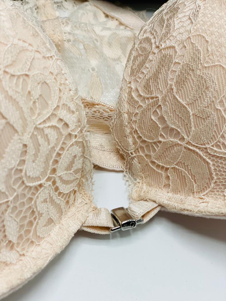 PACK OF 2 FRONT OPEN FANCY BACK LACE PUSH UP BRAS-GREEN/ROSE