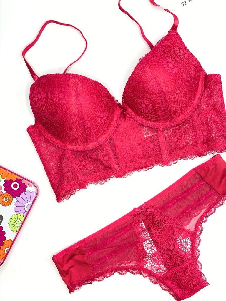 LACE MESH LONGLINE PUSH UP BRA SET- VIRTUAL PINK