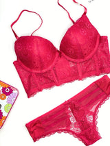 LACE MESH LONGLINE PUSH UP BRA SET- VIRTUAL PINK