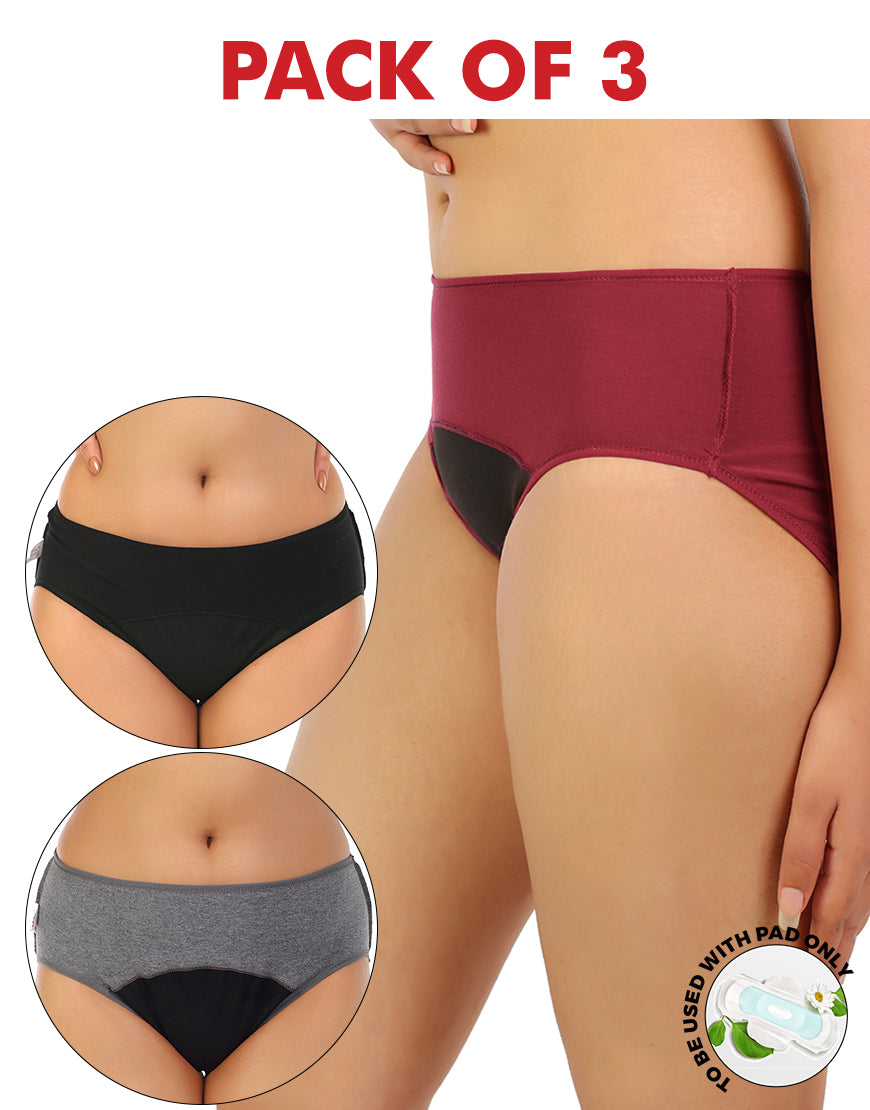 PACK OF 3 LOSHA COTTON LOW WAIST TRIPLE LAYERED PERIOD PANTY WITH HIDDEN ELASTIC-ASSORTED