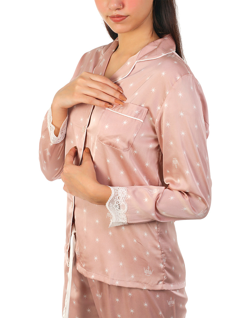 Premium Quality Button down satin silk PJ set with touch of Lace - Tea Pink