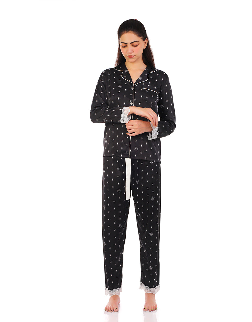 Premium Quality Button down satin silk PJ set with touch of Lace - Black