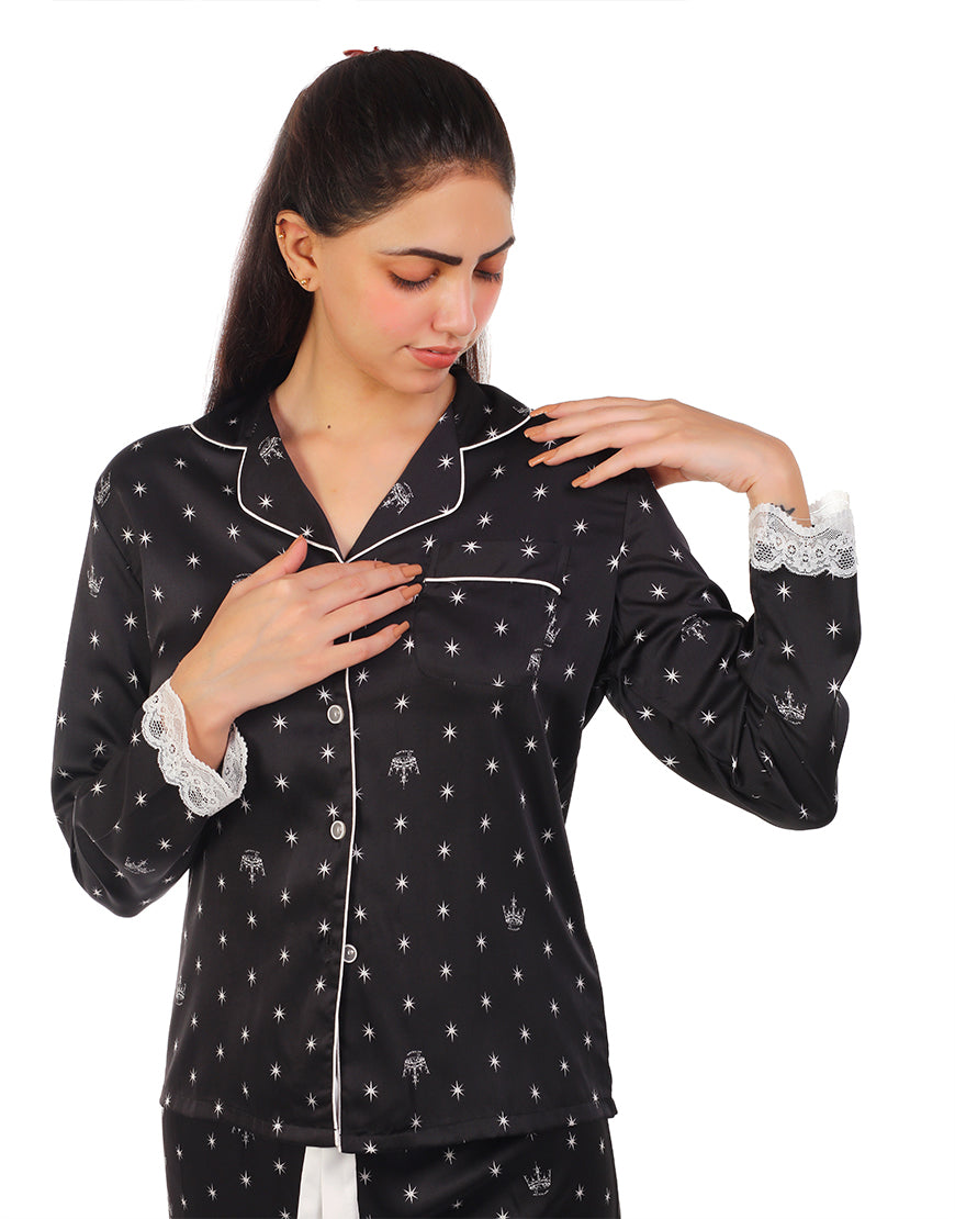 Premium Quality Button down satin silk PJ set with touch of Lace - Black