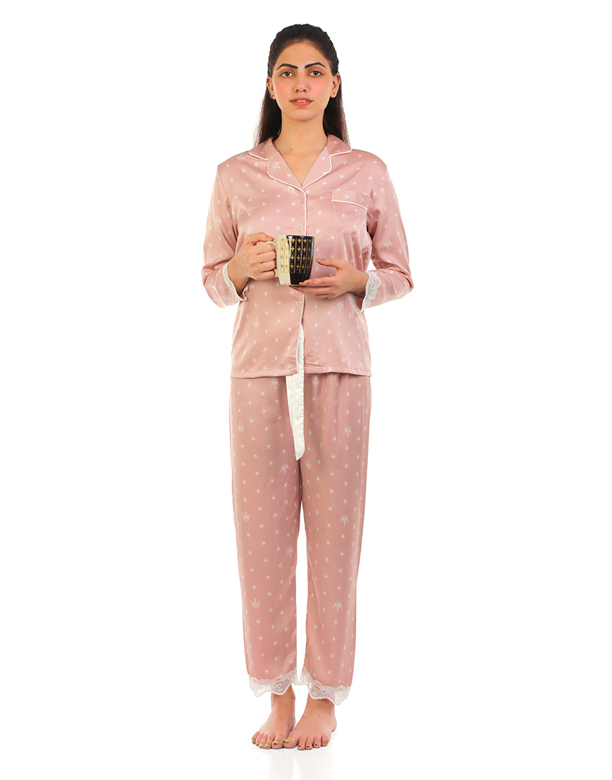 Premium Quality Button down satin silk PJ set with touch of Lace - Tea Pink