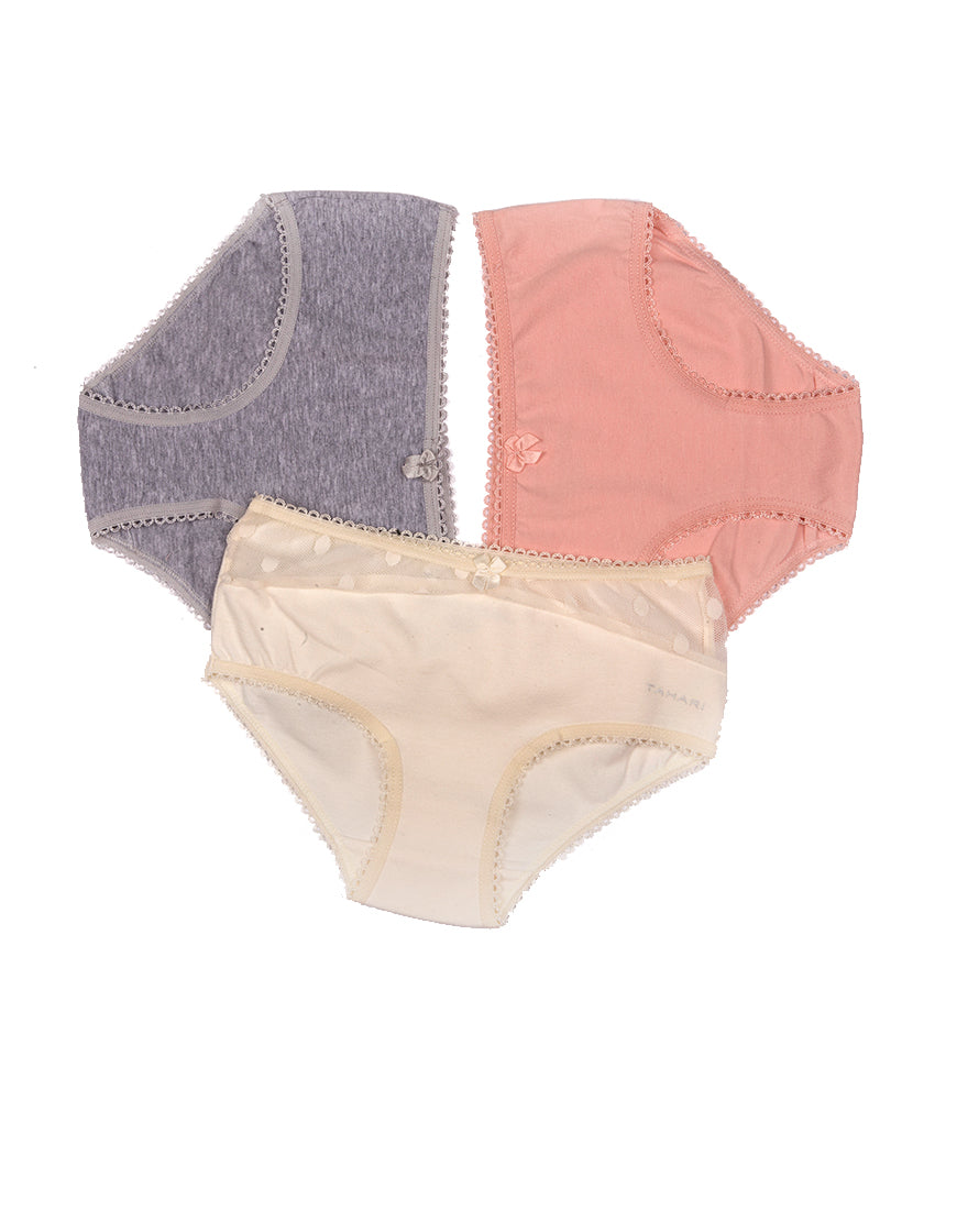 TAHARI GIRLS PACK OF 3 COTTON/SPANDEX & DOT MESH HIPSTER BRIEFS