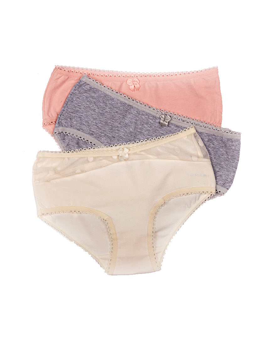 TAHARI GIRLS PACK OF 3 COTTON/SPANDEX & DOT MESH HIPSTER BRIEFS