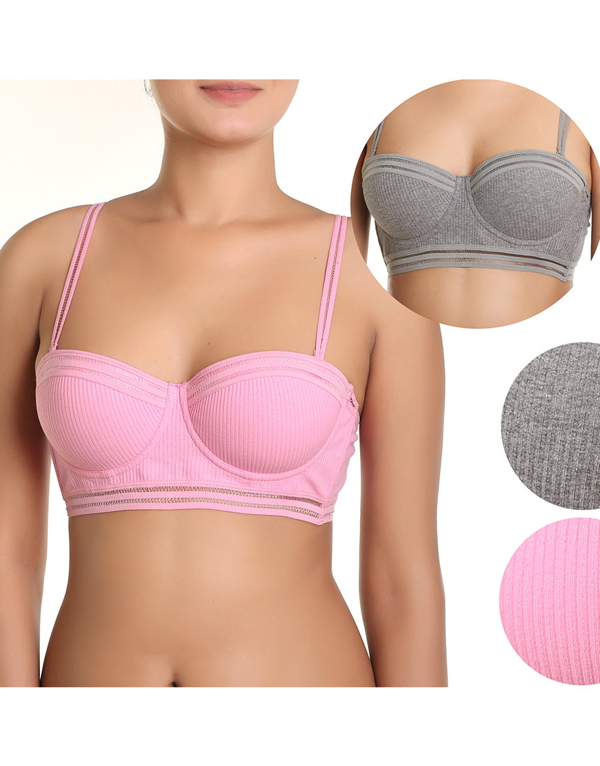 PACK OF 2 COTTON RIBBED MULTIWAY PUSH UP BRAS-PINK/GREY