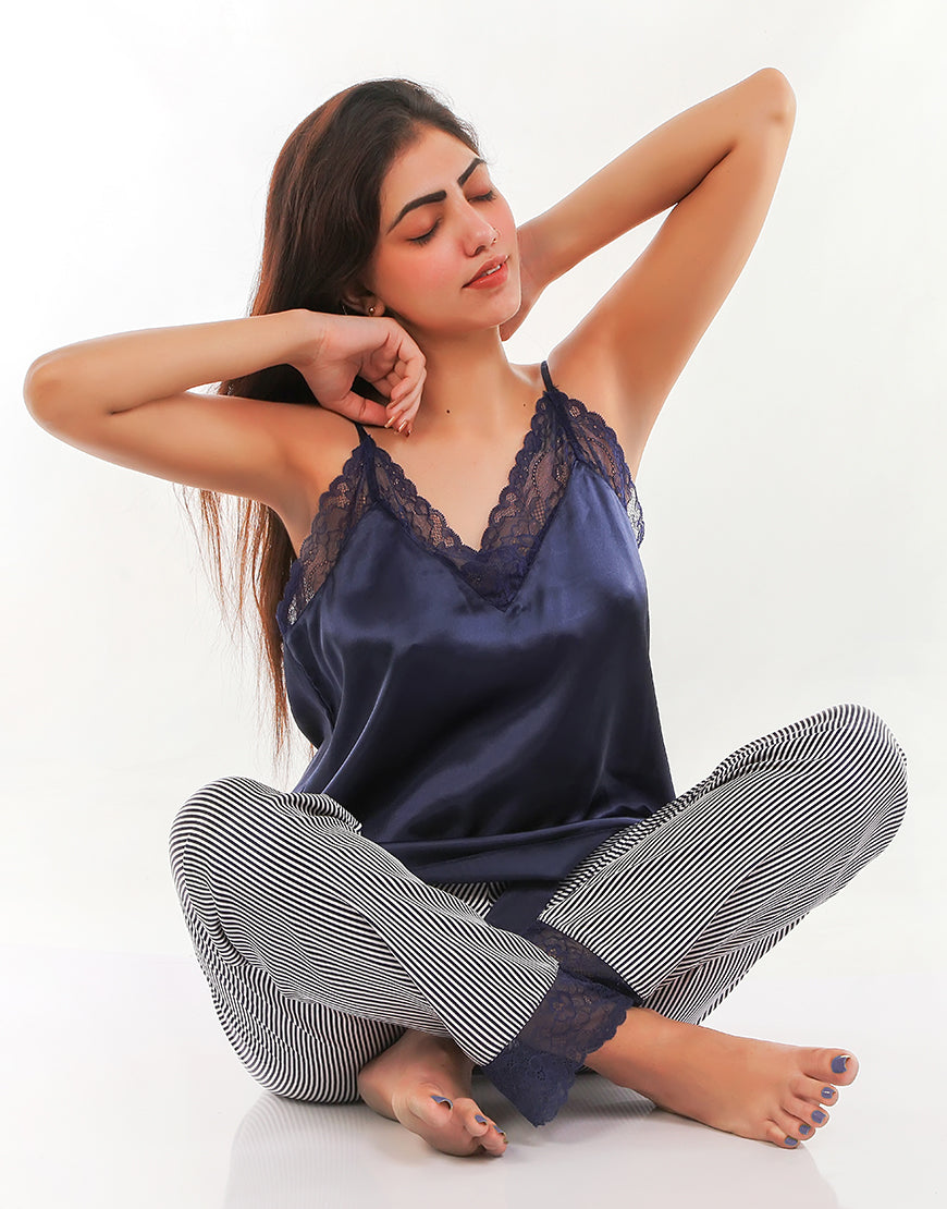 PREMIUM QUALITY SATIN SILK CAMI AND PJ SET - BLUE STRIPES