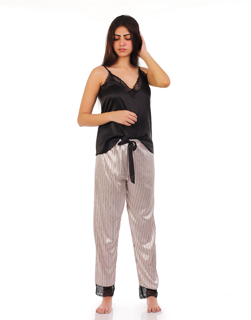PREMIUM QUALITY SATIN SILK CAMI AND PJ SET - BLACK STRIPES