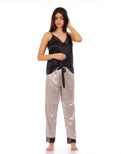 PREMIUM QUALITY SATIN SILK CAMI AND PJ SET - BLACK STRIPES