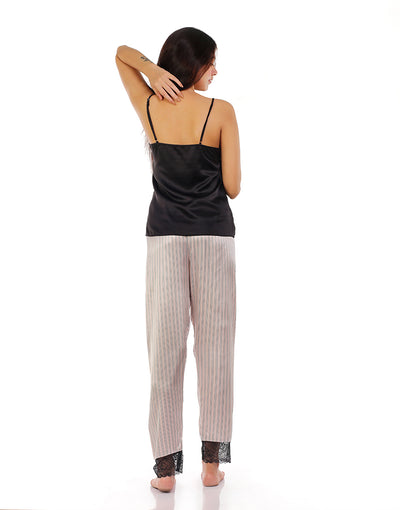 PREMIUM QUALITY SATIN SILK CAMI AND PJ SET - BLACK STRIPES